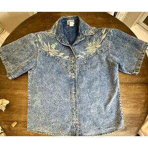 Women's Vintage Pretty Bleu Embellished Acid Wash Denim Shirt - Medium